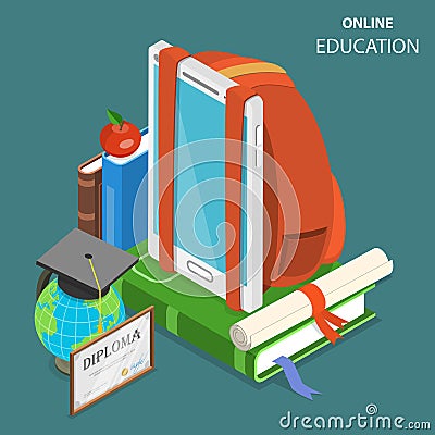 Online education flat isometric low poly vector concept Vector Illustration