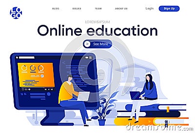 Online education flat landing page. Students learning with laptops vector illustration. Distance education, online webinar, career Vector Illustration