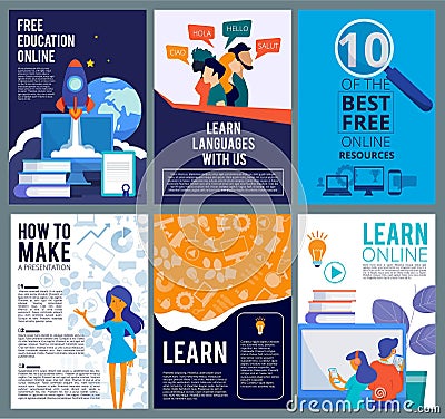 Online education flyers. Brochure cover template of internet distance learning webinar presentation posters template Vector Illustration