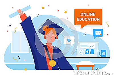 Online education graduate people vector illustration, cartoon flat happy woman student character holding diploma Vector Illustration