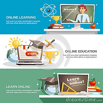 Online Education Horizontal Banners Vector Illustration