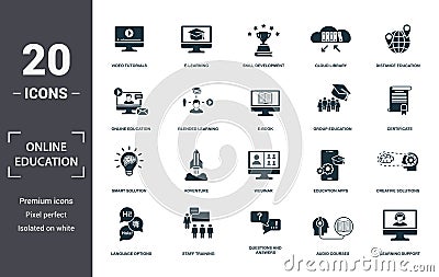 Online Education icons set collection. Includes simple elements such as Video Tutorials, E-Learning, Skill Development, Cloud Stock Photo