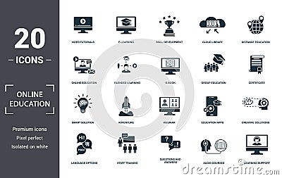 Online Education icons set collection. Includes simple elements such as Video Tutorials, E-Learning, Skill Development Stock Photo