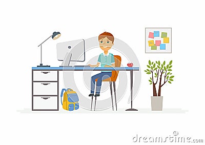 Online education - illustration of school boy student at home computer Vector Illustration