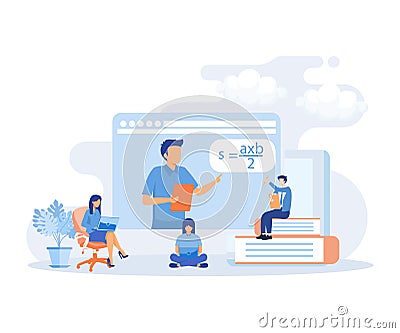 Online education illustration. Students having video call with teacher. People learning online and solving educational test or Vector Illustration