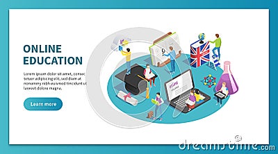 Online education isometric concept. Internet studying and web course. Learning students website landing page vector Vector Illustration