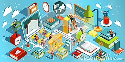 Online education Isometric flat design. The concept of learning and reading books in the library and in the classroom. Vector Illustration