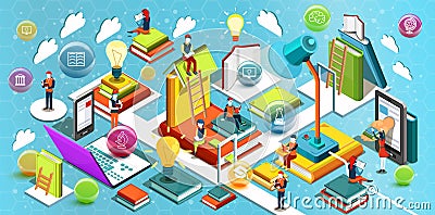 Online education Isometric flat design. The concept of reading books in the library and in the classroom. Concept of education Vector Illustration