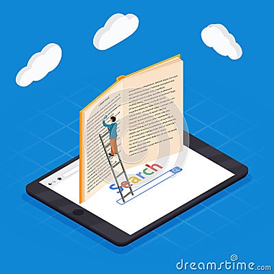 Online education isometric icons composition with laptop book smartphone electronic library and cloud computing Vector Illustration