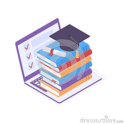 Online education isometric vector illustration. Flat laptop with stack of books, diploma scroll and graduation cap. Vector Illustration