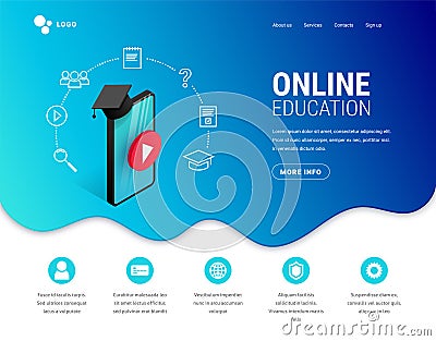 Online education Landing page design concept. Online learning, webinar, distance education, e-learning, training web Vector Illustration