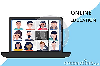 Online Education. Online class, emergency shcool. Stay school learn study from home via teleconference, web chat during Vector Illustration