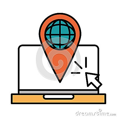 Online education, laptop world navigation pointer, website and mobile training courses line and fill icon Vector Illustration