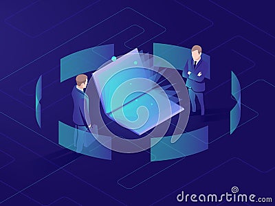 Online education and learning, open book, man reading tutorial, businessman, data analyzing and processing isometric Vector Illustration