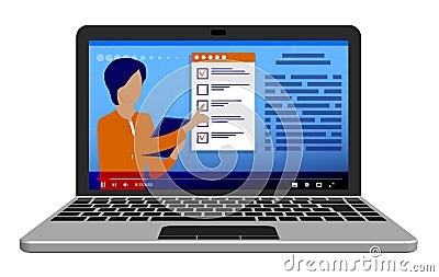 Online education, learning. Teacher conducts lesson online from laptop. Explains teaching material. Student takes exam using Vector Illustration