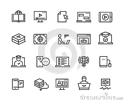 Online education line icons. E-learning computer training, online distant education, laptop tutorial. Educational video Vector Illustration