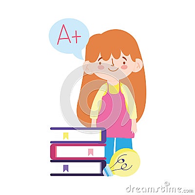 Online education little girl student books idea cartoon Vector Illustration