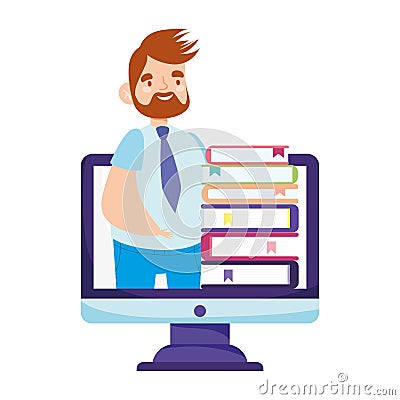 Online education male teacher ebooks homework cartoon Vector Illustration