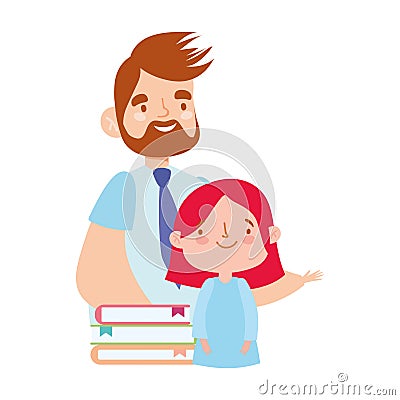 Online education male teacher and little student girl and books Vector Illustration