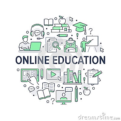 Online Education poster with line icons. Vector circle illustration for brochure included icon as student, computer Vector Illustration