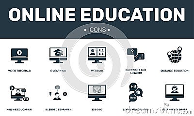 Online Education set icons collection. Includes simple elements such as E-learning, Webinar, E-book, Blended learning Vector Illustration