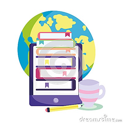 Online education smartphone stack of ebooks and pencil Vector Illustration