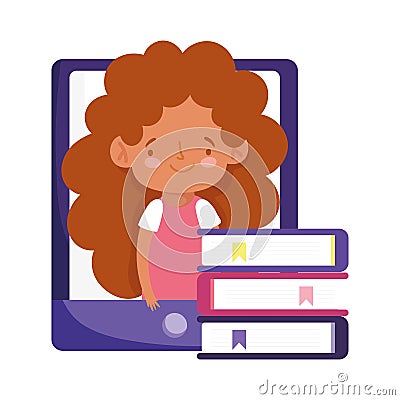 Online education student girl smartphone video and books stacked Vector Illustration