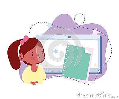 Online education, student girl tablet and notebook, website and mobile training courses Vector Illustration