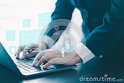Online education, students can learn and earn a degree via virtual courses on a laptop, using digital tutorials and apps, Stock Photo