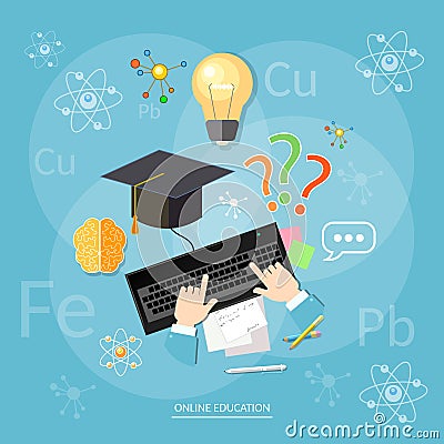 Online education students computer learn chemistry Vector Illustration