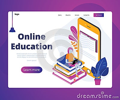 Online Education of students Through Online mobile Isometric Artwork Concept Stock Photo