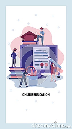 Online education. Students study online course and get diploma. College degree. Vector web site design template. Landing Vector Illustration