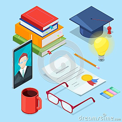 Online education and study. Vector 3d isometric icons of smartphone, books and diploma. Web learning and training Vector Illustration
