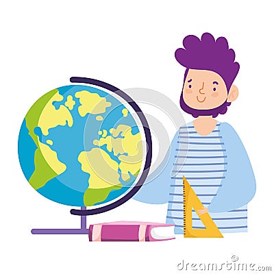 Online education teacher school globe book and ruler cartoon Vector Illustration