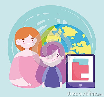 Online education teacher student girl smartphone world information Vector Illustration