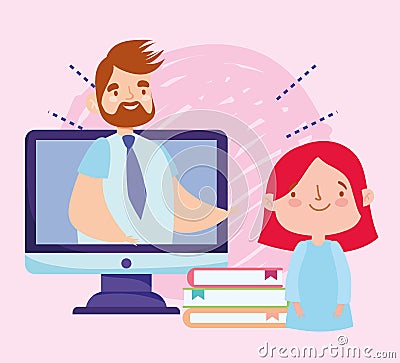 Online education teacher on video computer student books Vector Illustration
