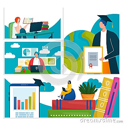 Online education technology set, flat banner concept vector illustration. Business and science training at web school Vector Illustration