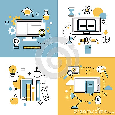 Online education thin outline icons vector set of distance school and webinar symbols Vector Illustration