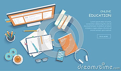 Online education, training, courses, e-learning, distance learning, exam preparation, home schooling. Web banner background. Vector Illustration