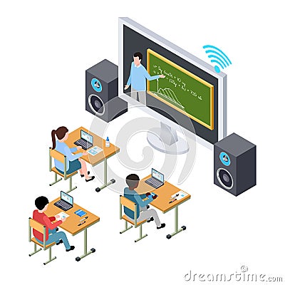 Online education vector concept. International students and teacher on the screen Vector Illustration