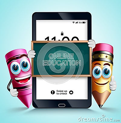 Online education vector design. Online education text in tablet study device with pencil and crayon school supplies characters. Vector Illustration