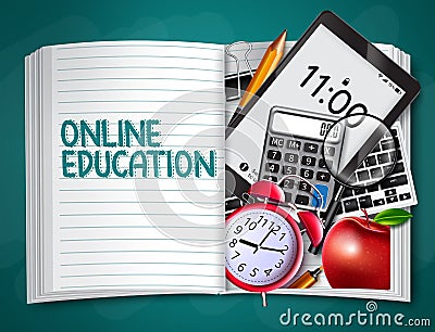 Online education vector design. Online education text with tablet, keyboard, notebook and calculator e-learning elements. Vector Illustration