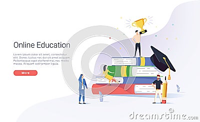 Online education vector illustration concept, men and women reading book by online, student learning on distance. Vector Illustration