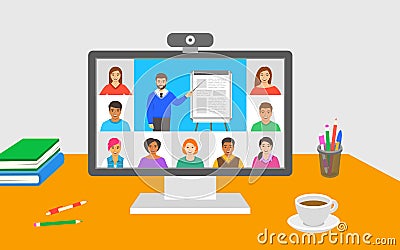 Online education virtual class teleconference call Vector Illustration