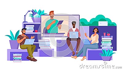 Online education and virtual conference vector illustration with diverse students, books, tutor. Vector Illustration