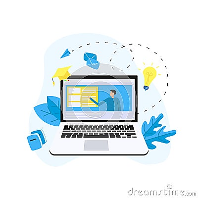 Online education or web course in laptop monitor with distance teacher. E-learning concept Vector Illustration