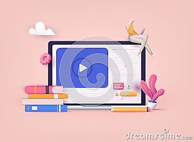 Online education on website. Application learning. Computer with open pages. 3D Vector Illustrations Vector Illustration