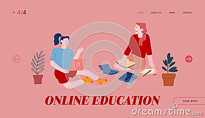 Online Education Website Landing Page. Women Students Studying Process. Girls Sitting with Books and Laptop Vector Illustration