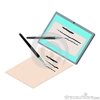 Online election icon isometric vector. Text on tablet screen near sheet with pen Stock Photo