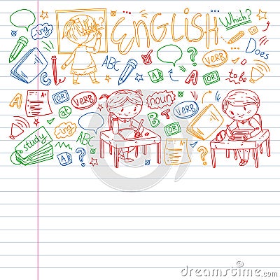 Online english school for children. Learn language. Education vector illustration. Kids drawing doodle style image. Vector Illustration